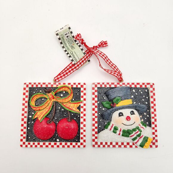 Mary Engelbreit Christmas Ornaments Glitter Red Check Frame Snowman Cherries - Picture 1 of 4